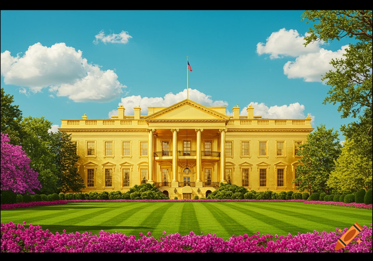 The White House shines golden under a blue sky, surrounded by vibrant green lawns and blooming pink and purple flowers.