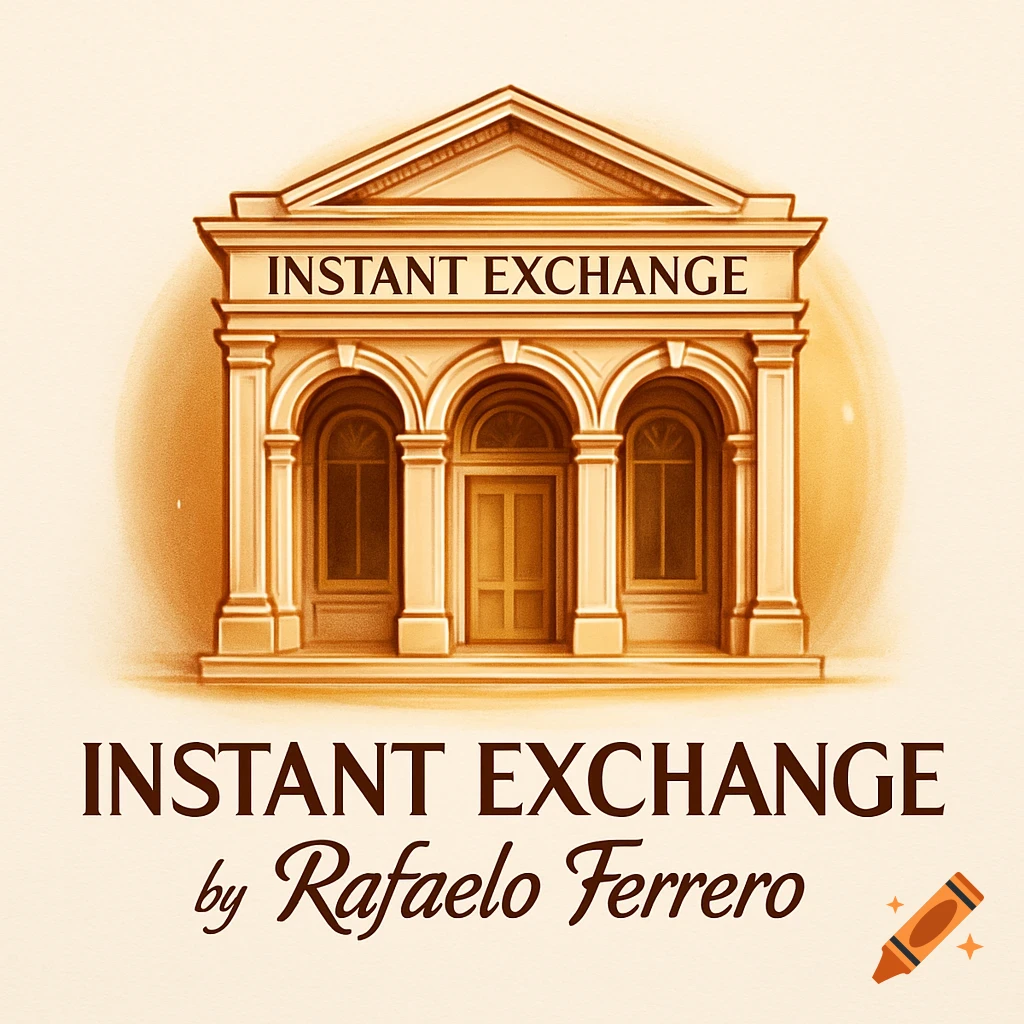 A stylized logo of a classical bank building in warm brown tones with text 'Instant Exchange by Rafaelo Ferrero'.