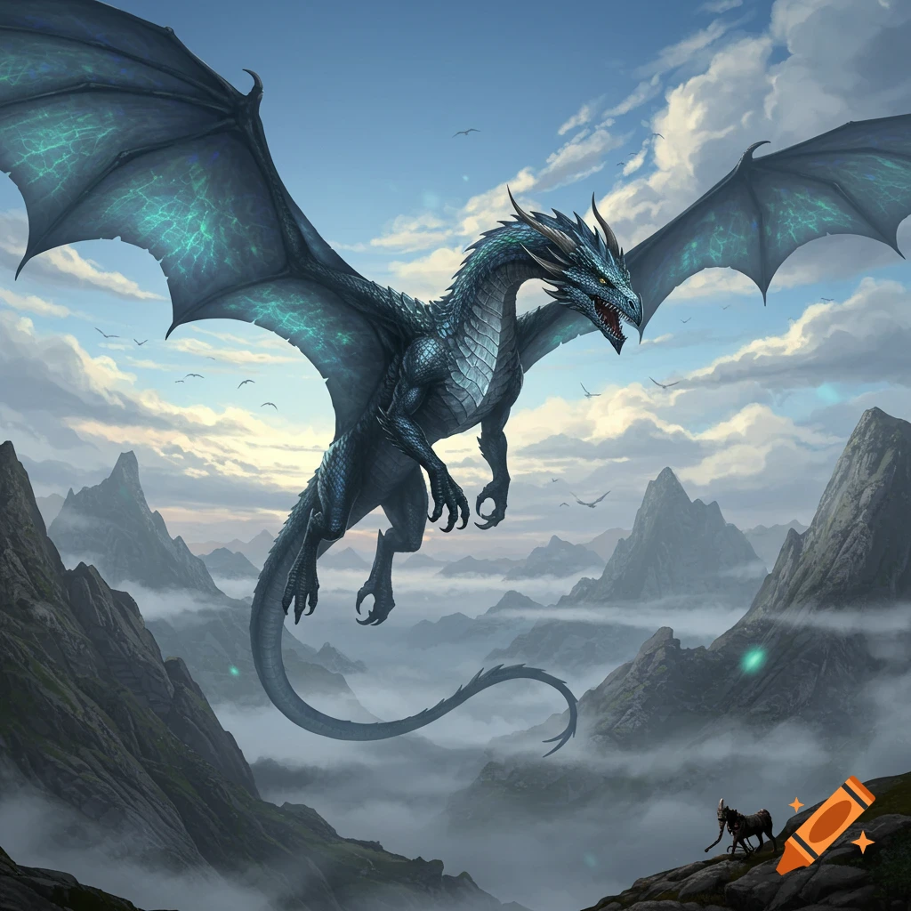 A majestic dark dragon with glowing blue wings soars over misty, rugged mountains under a partly cloudy sky.