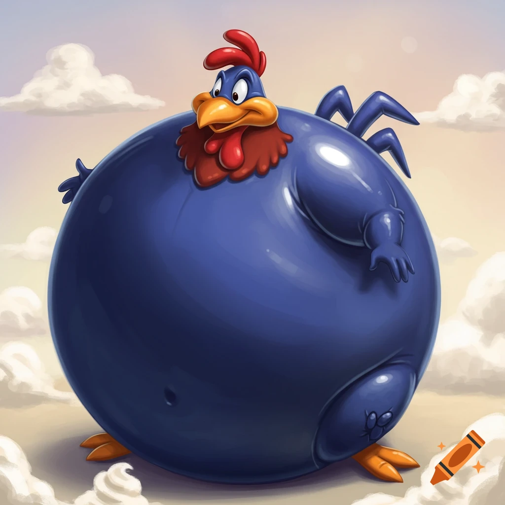 A dark blue, inflated, cartoon Foghorn Leghorn in a blueberry shape stands against a cloudy sky.