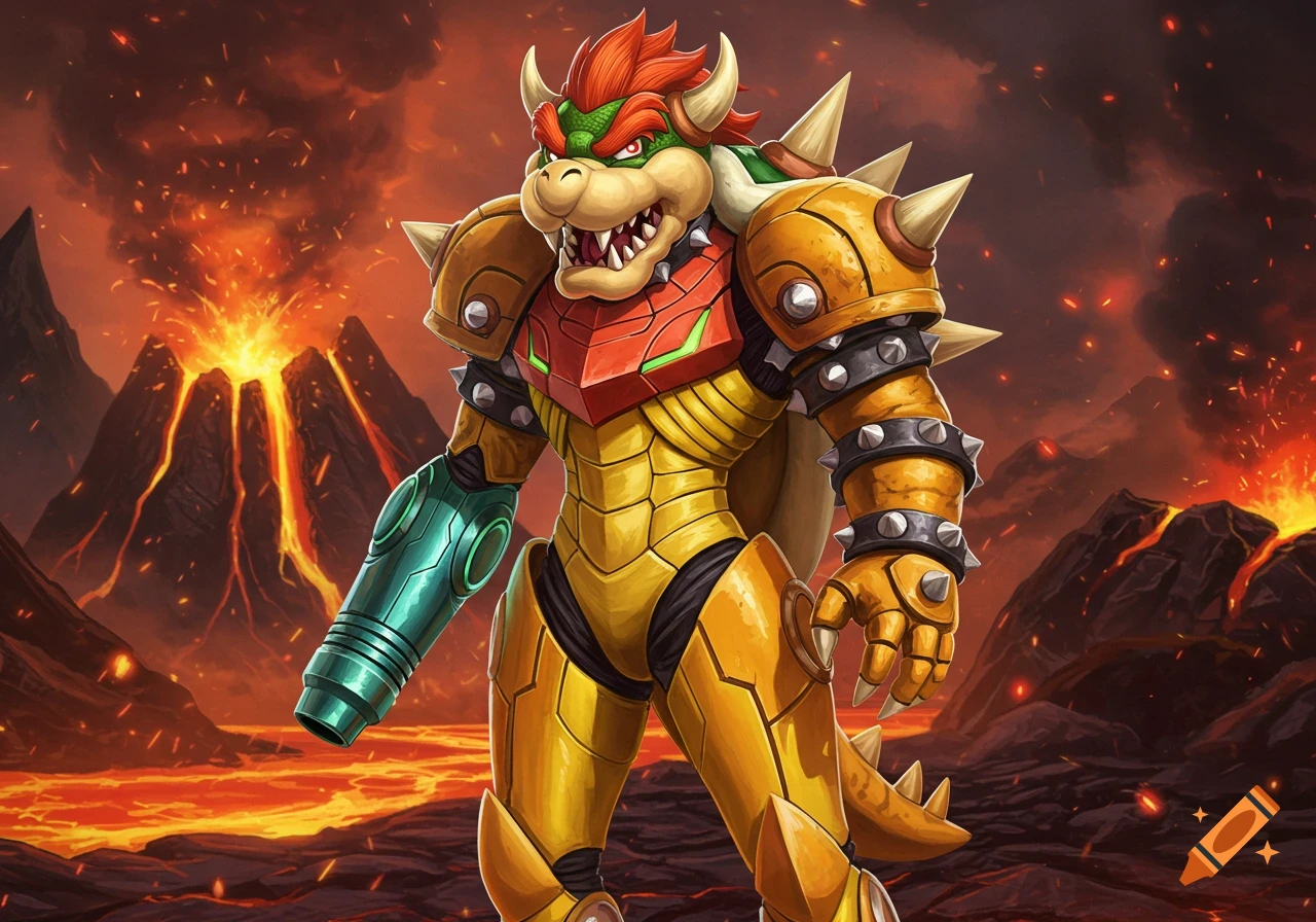 Bowser wearing Samus Aran's gold Varia Suit stands in front of erupting volcanoes and a river of lava.