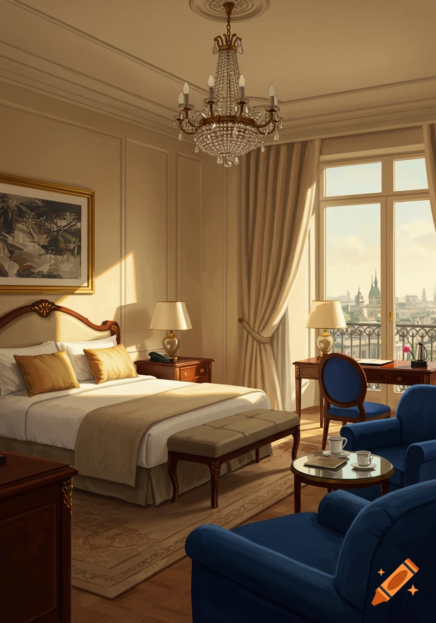 A luxurious hotel room with a large bed, two blue armchairs, a wooden desk with a blue chair, a sparkling chandelier, and a large window overlooking a city skyline.