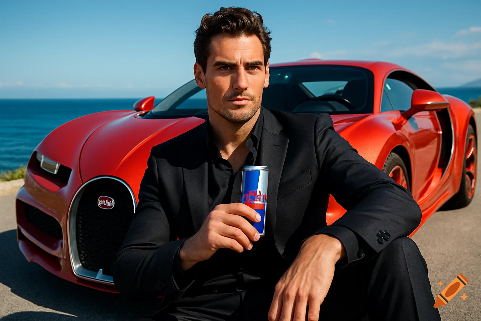 A handsome man in a black suit sits in front of a red Bugatti, holding a Red Bull can, with the ocean in the background.