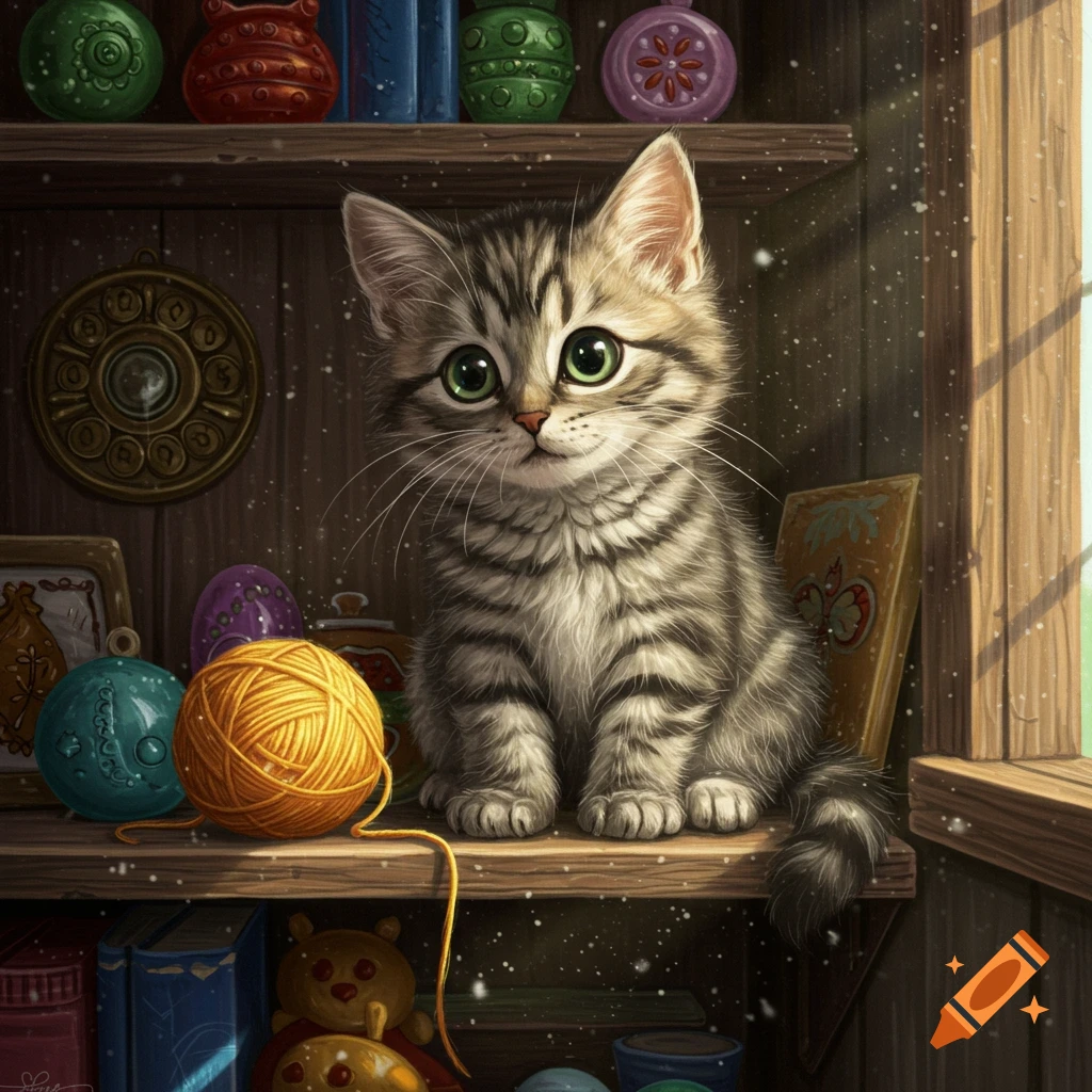 A fluffy tabby kitten with big green eyes sits on a wooden shelf next to a yellow ball of yarn and colorful ornaments, in an illustrative style.