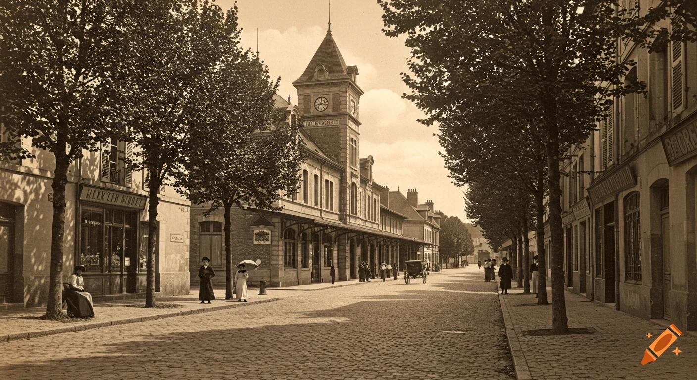 A sepia-toned vintage photograph of a small-town train station and cobblestone street lined with shops and trees, with people walking.