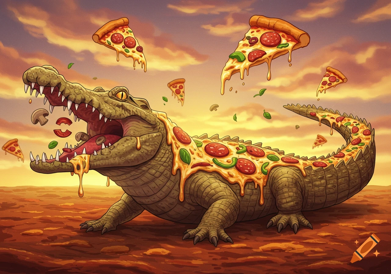 Animated crocodile covered in melted pizza with pepperoni and peppers, slices floating in a sunset sky.