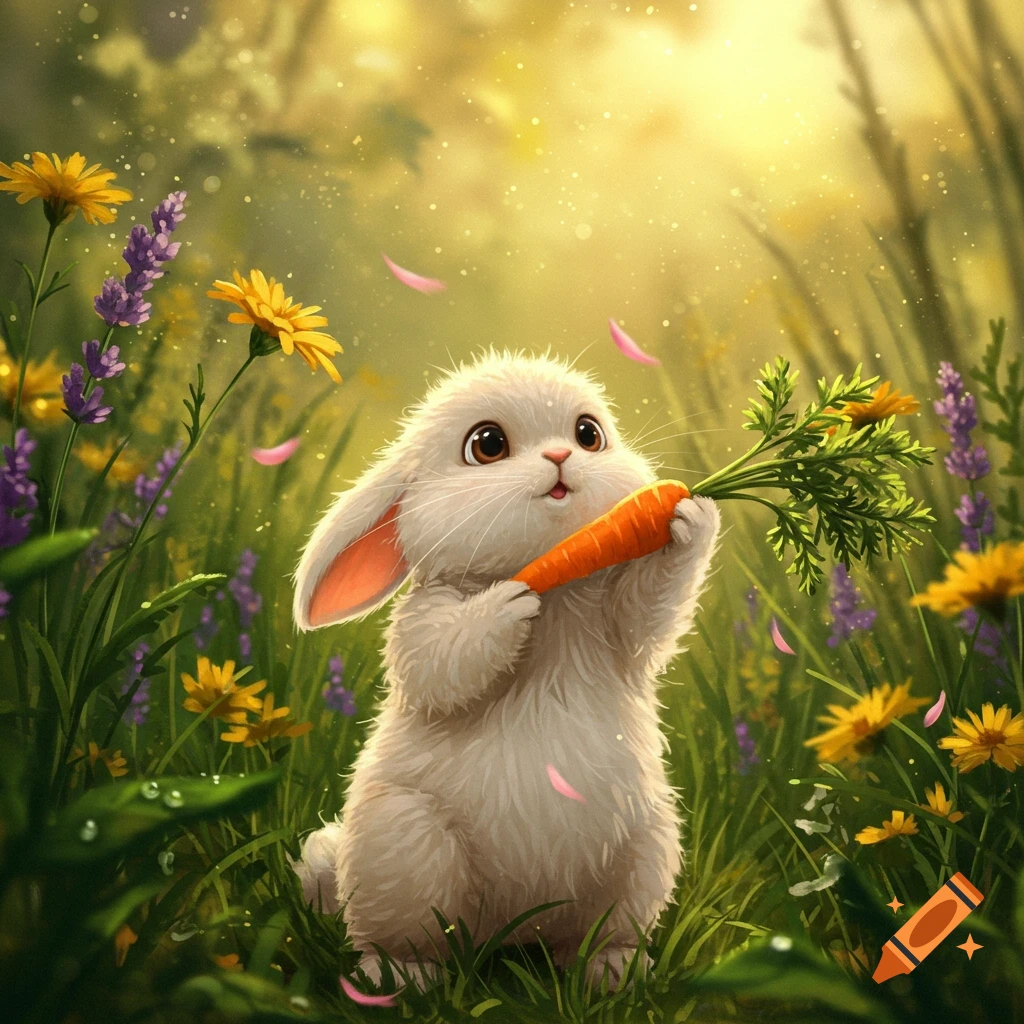 A fluffy white cartoon-style rabbit stands in a sunny, whimsical field of flowers, happily holding a large carrot.