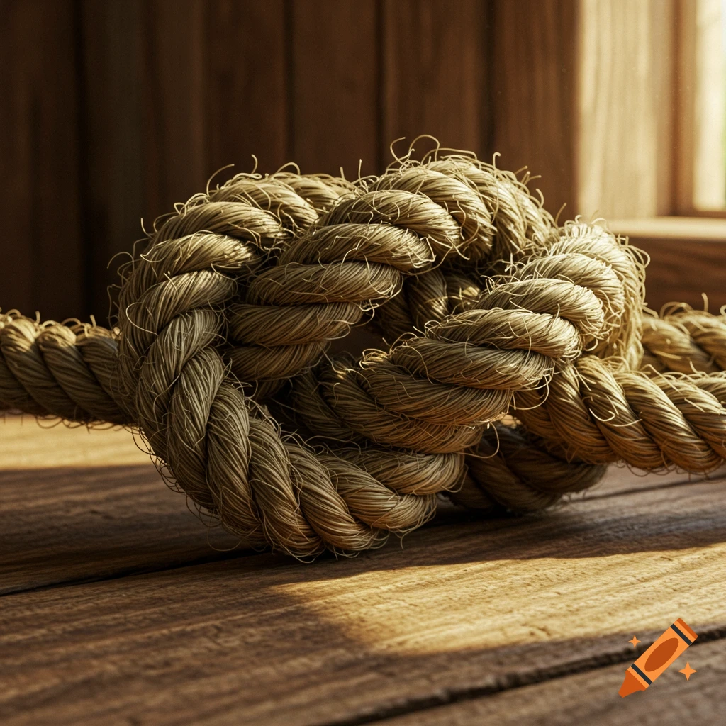 A detailed, photorealistic close-up of a rope knot on sunlit wooden planks, with a blurred wooden background.