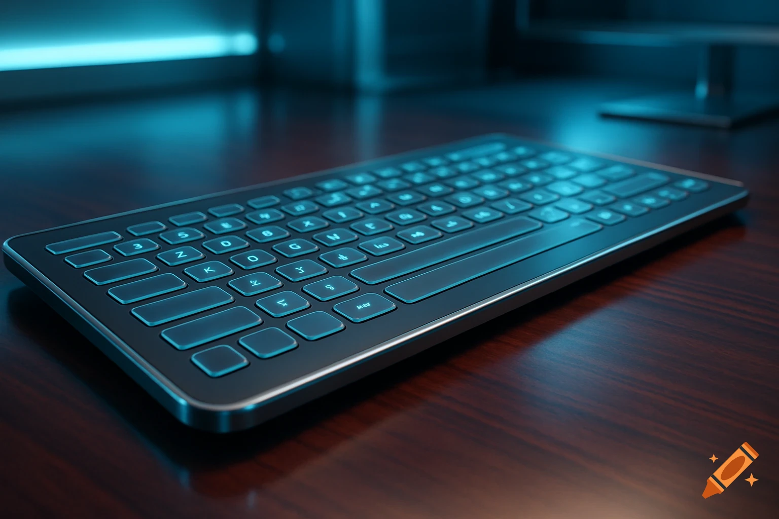 A sleek black full-flat keyboard with glowing blue keys rests on a dark wooden desk, lit by a blue ambient light.