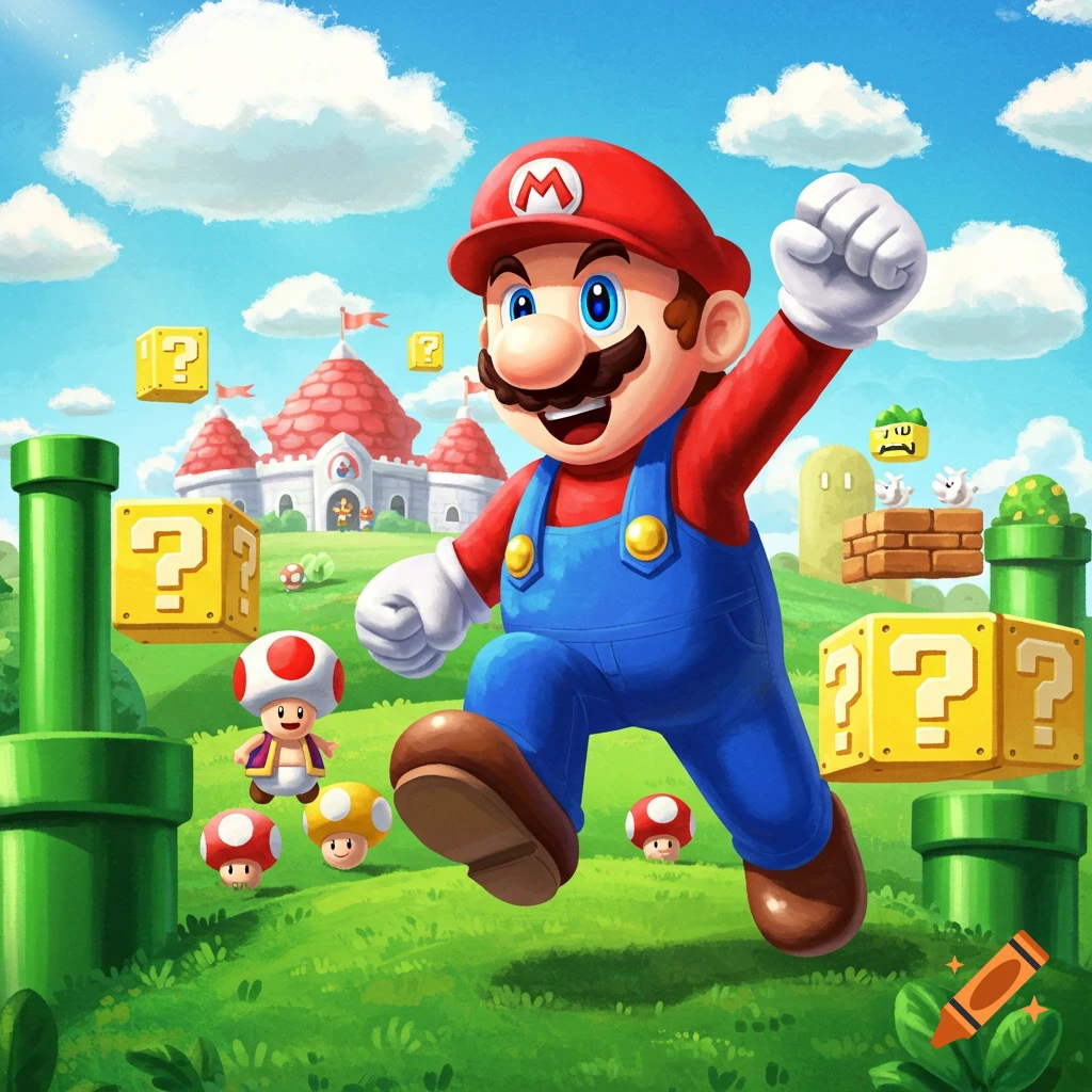 Mario leaps in a vibrant, cartoonish Mushroom Kingdom landscape with Toad, pipes, and question blocks.