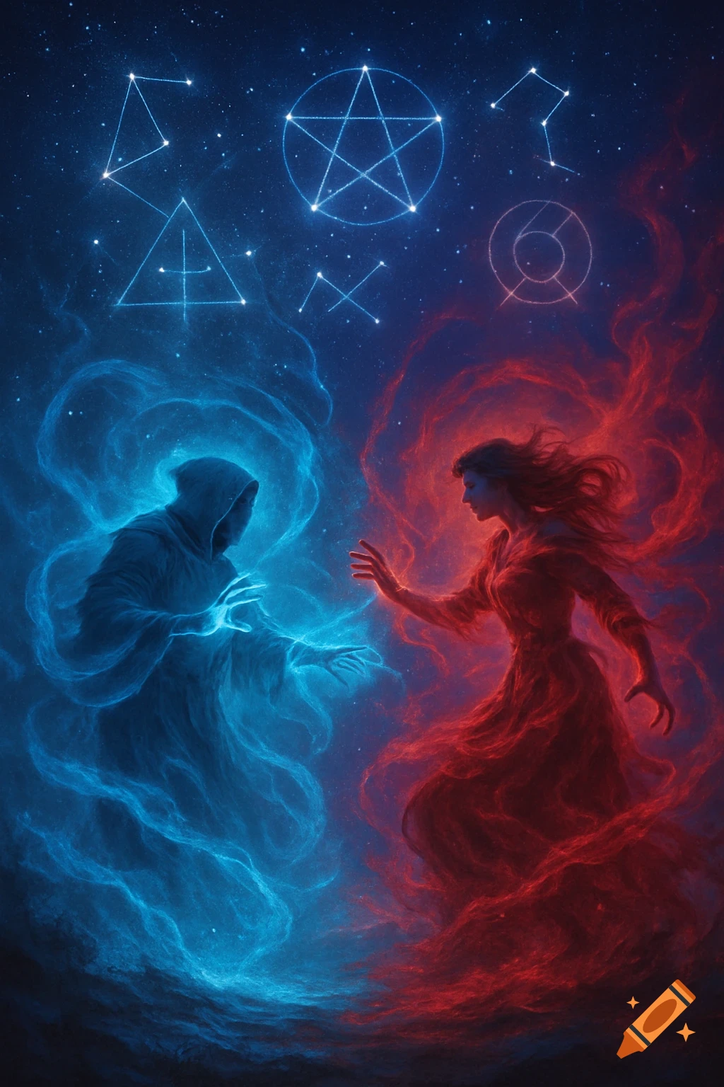 A hooded figure in blue energy and a woman in red energy reach towards each other against a starry cosmic background with glowing constellations.