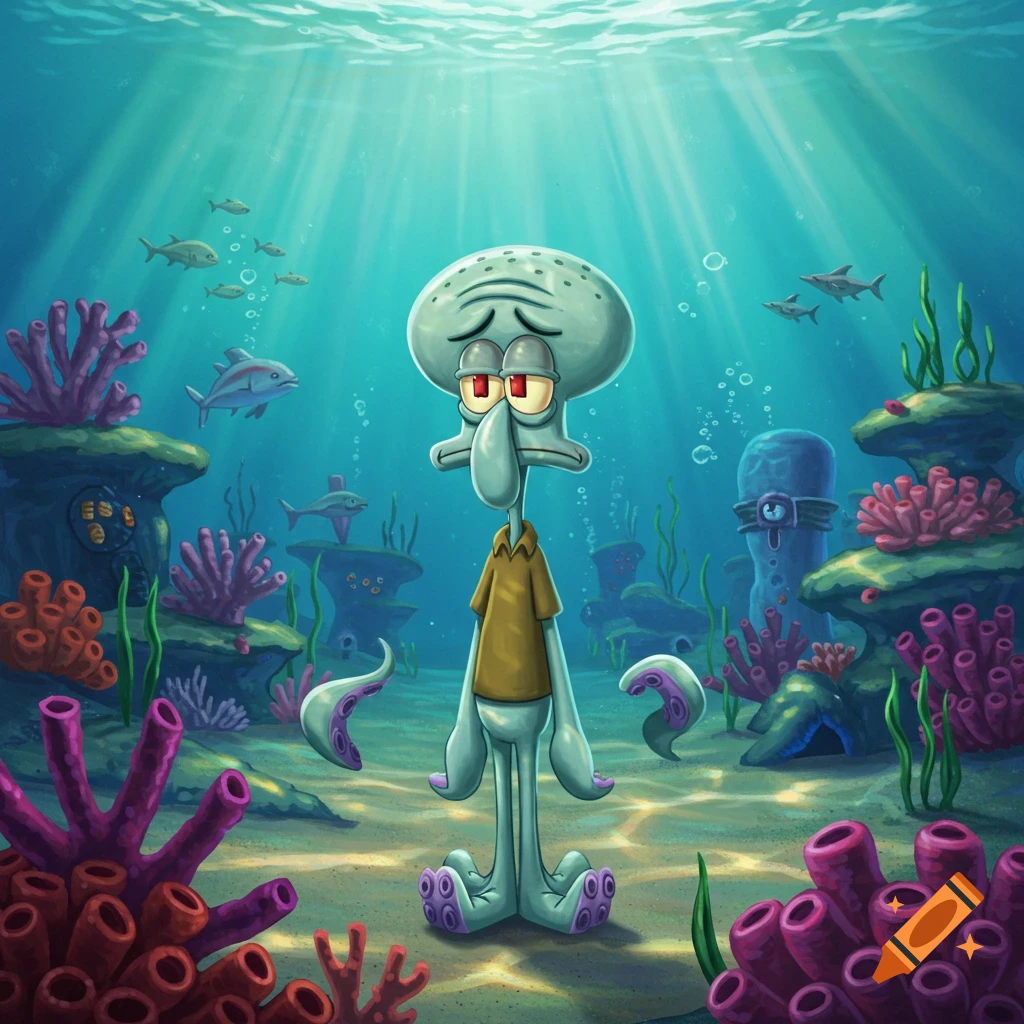 Sad Squidward Tentacles stands on the seafloor among coral and fish, in a vibrant underwater cartoon scene.