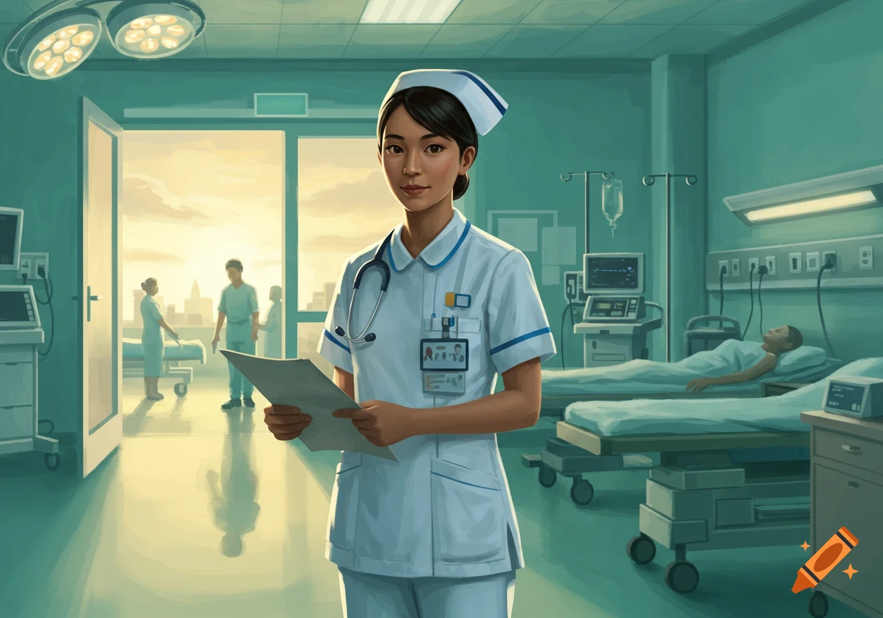 An illustration of a nurse in a hospital room, holding a clipboard. Other medical staff and patients are visible in the background.