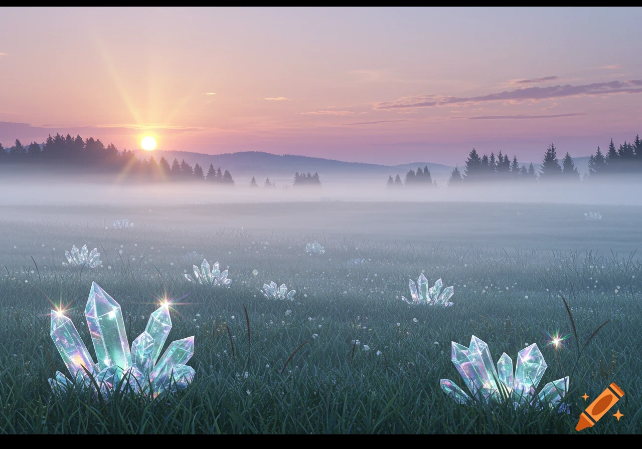 Misty field at sunrise with glowing iridescent crystals in the grass, distant mountains and a forest.