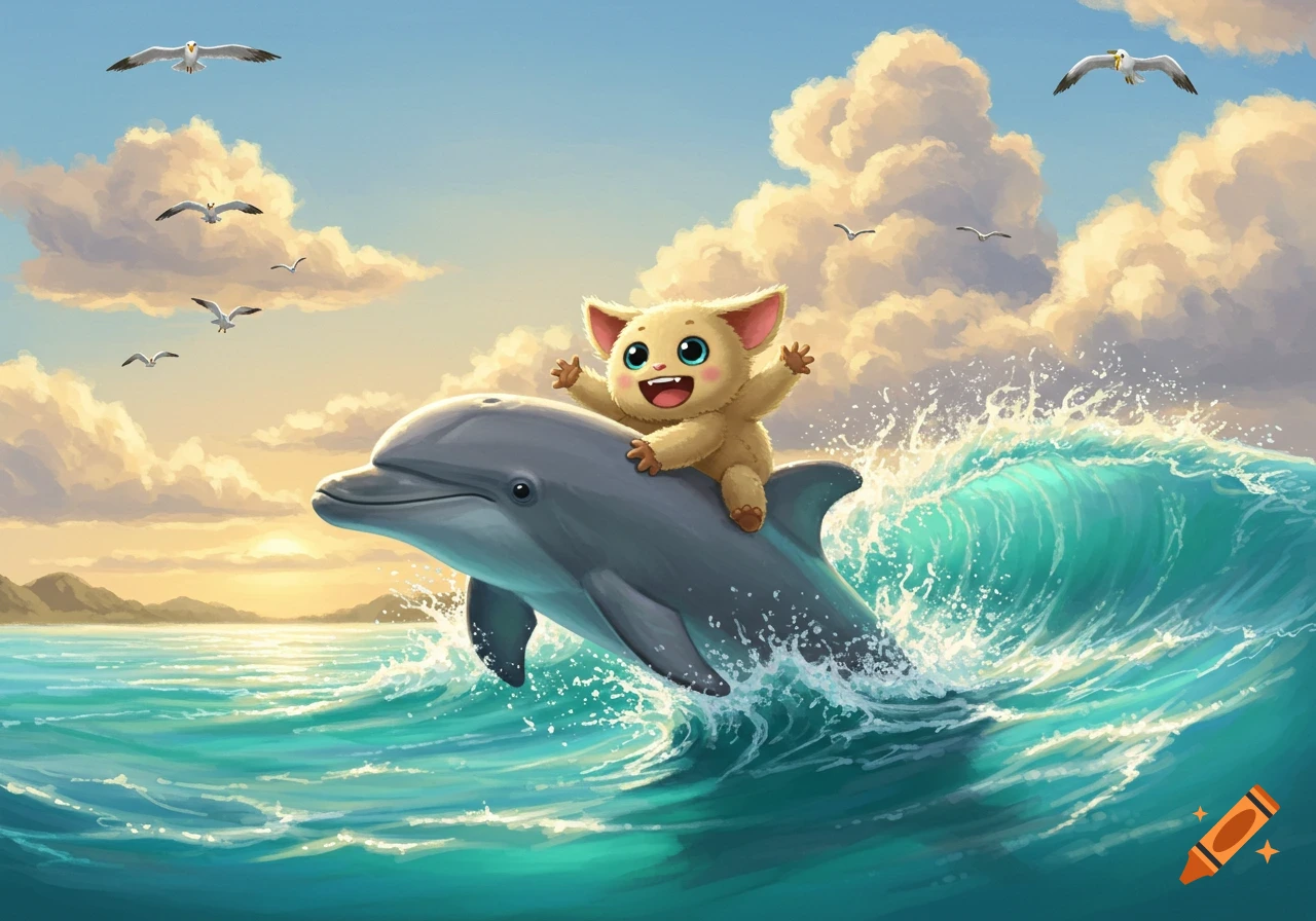 A cute, happy cartoon creature rides on a dolphin's back over a turquoise ocean wave, with seagulls and a sunset sky.