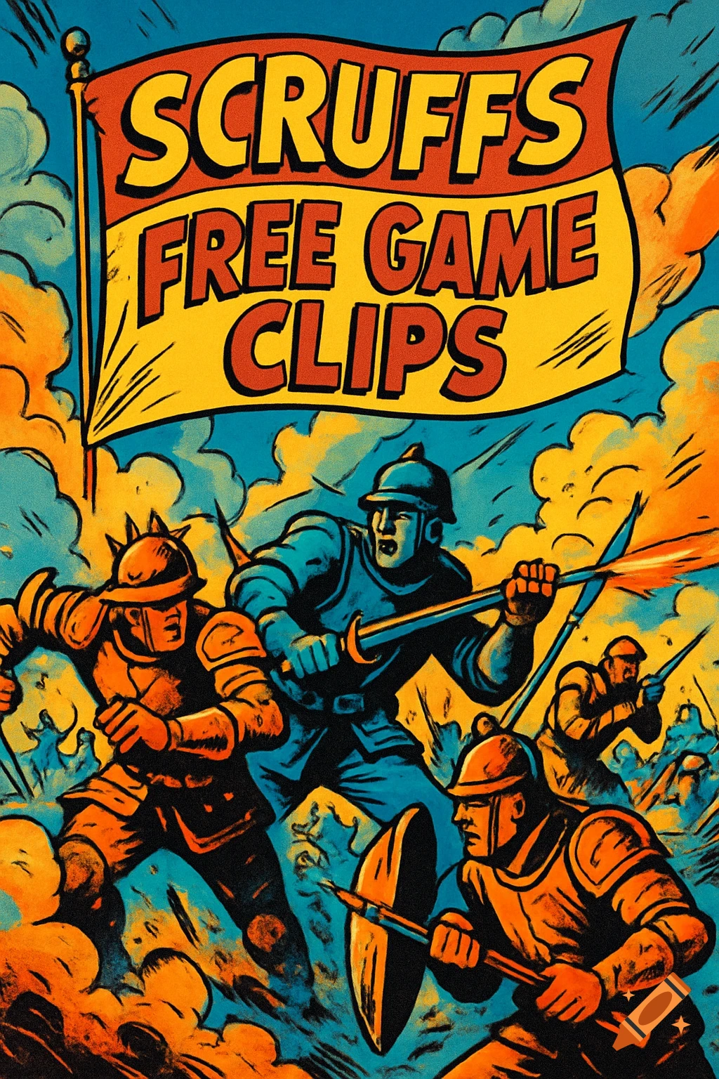 A comic art poster of soldiers in battle under a banner reading 'SCRUFFS FREE GAME CLIPS'.