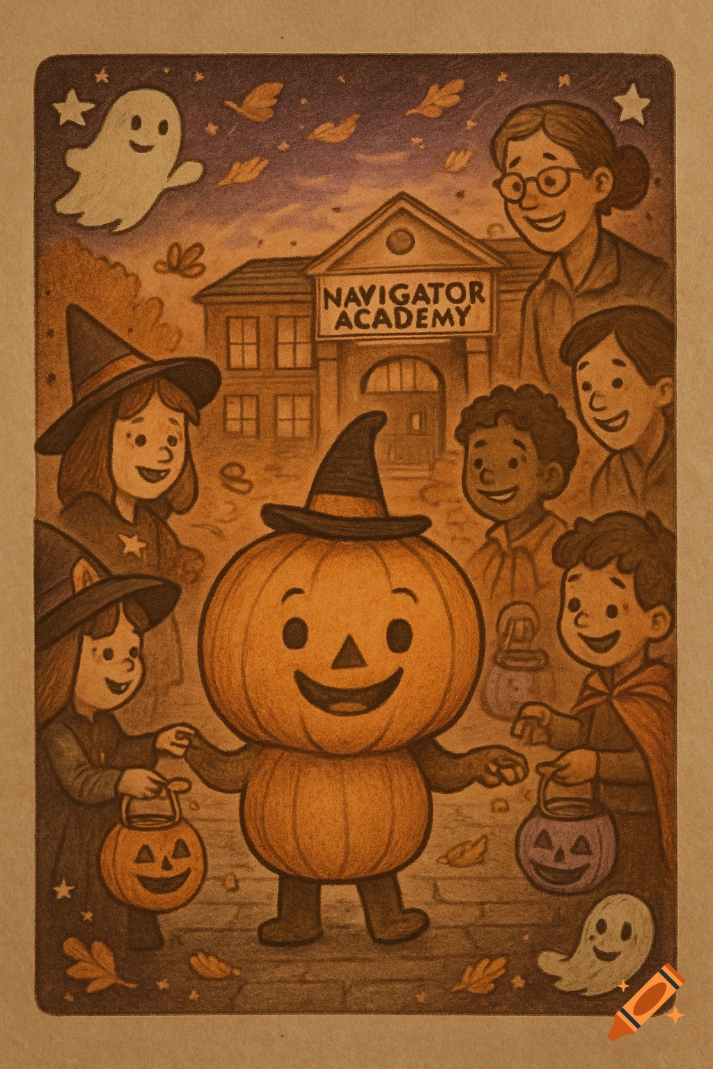 Stylized illustration of children and a pumpkin character trick-or-treating at Navigator Academy, with ghosts and fall leaves.