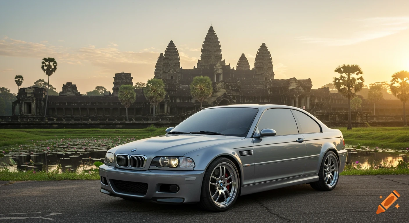 Silver BMW M3 car parked in front of Angkor Wat temple complex with palm trees at sunrise.