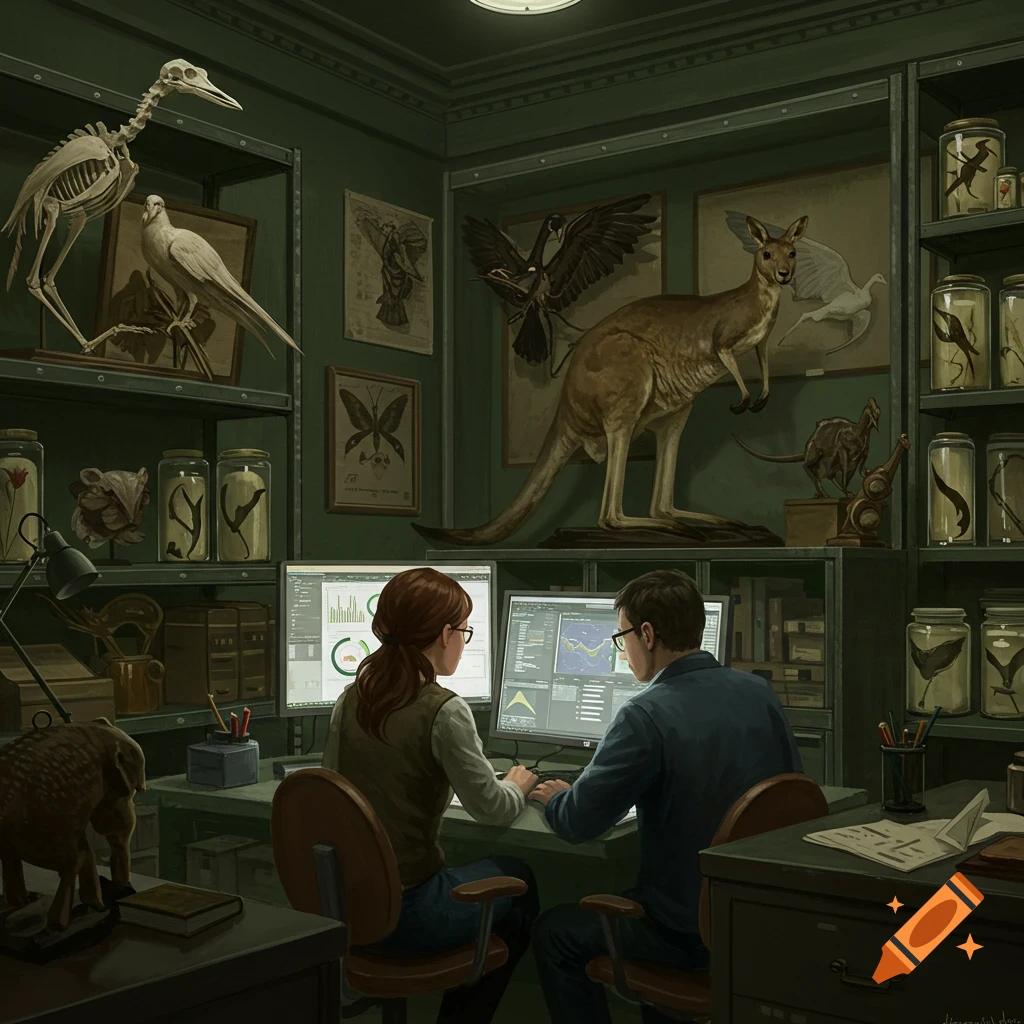 Two researchers work on computers in a dark green natural history museum office with shelves of specimens.