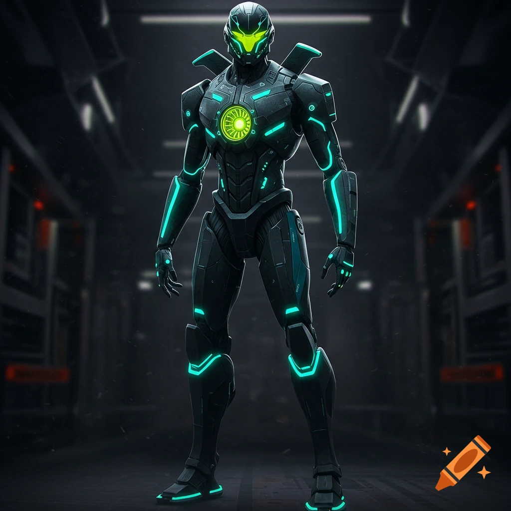 A futuristic humanoid mech with a slim black frame, glowing aquamarine armor, and chartreuse yellow lights standing in a dark industrial setting.