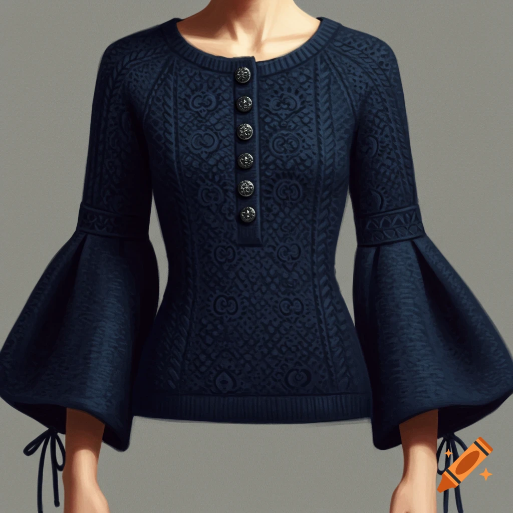 A close-up of a person wearing a navy blue knitted sweater with bell sleeves, decorative silver buttons down the front, and ties on the cuffs.