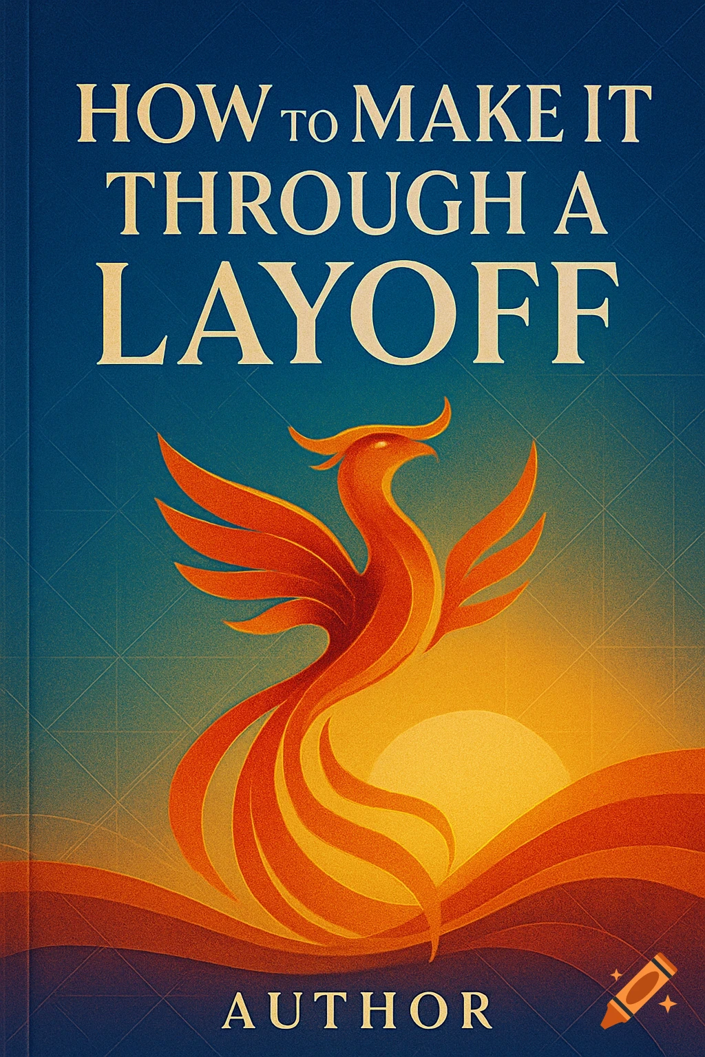 A vibrant book cover featuring a stylized orange phoenix rising over fiery waves against a blue sky, with the title "HOW To MAKE IT THROUGH A LAYOFF" and "AUTHOR".