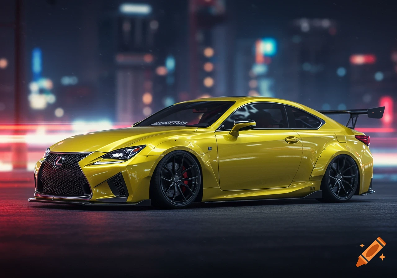 A vibrant yellow modified Lexus sports car parked on a city street at night, with blurred city lights in the background. Photorealistic style.