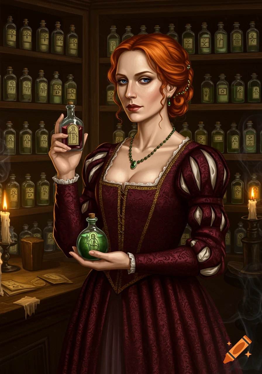 A red-haired woman in a red Renaissance dress holds two glass vials, one red and one green, in a dimly lit apothecary lined with shelves of bottles.
