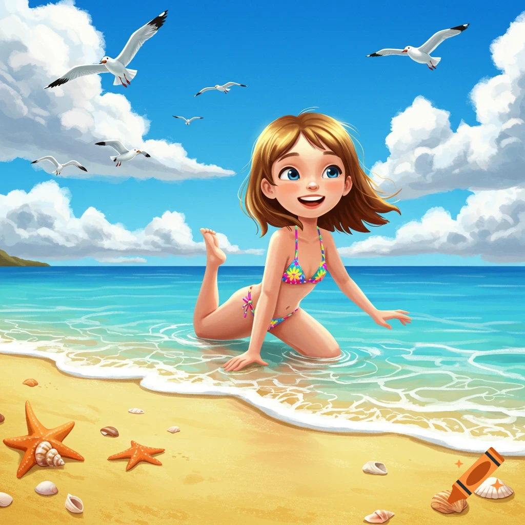 Cartoon illustration of a young girl in a colorful bikini wading in the ocean on a sunny beach with seagulls.