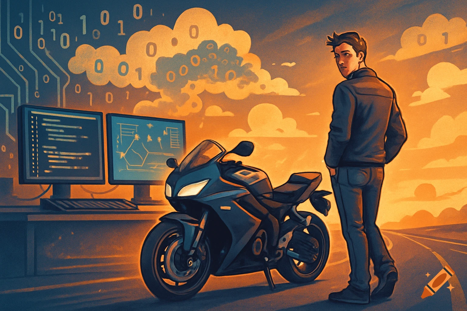 Stylized illustration of a man standing beside a motorcycle and computer monitors, with binary code in the sky at sunset.