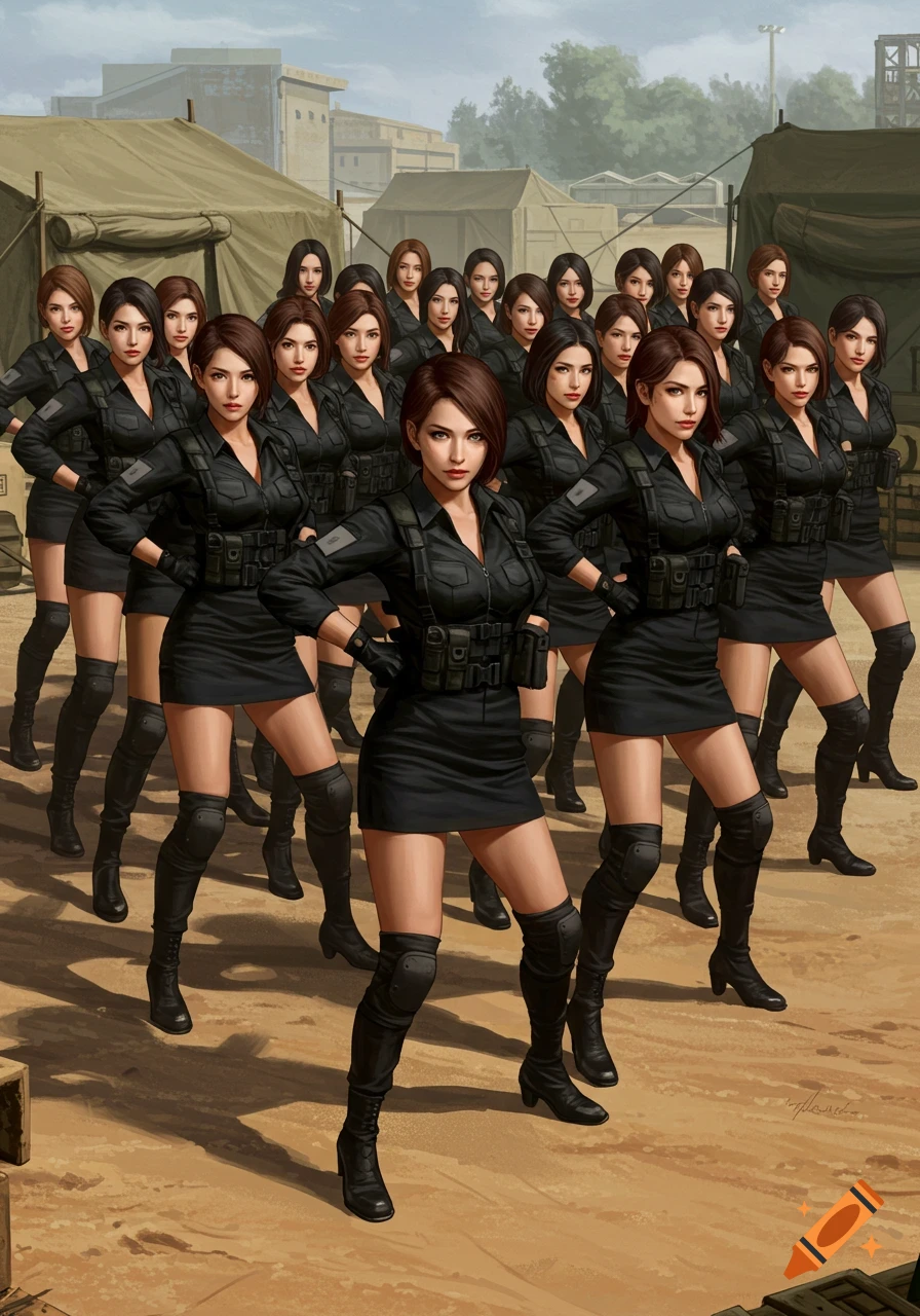 A large group of women in black tactical short skirt uniforms and high-heeled boots stand in formation on a training ground with tents in the background, in a digital art style.