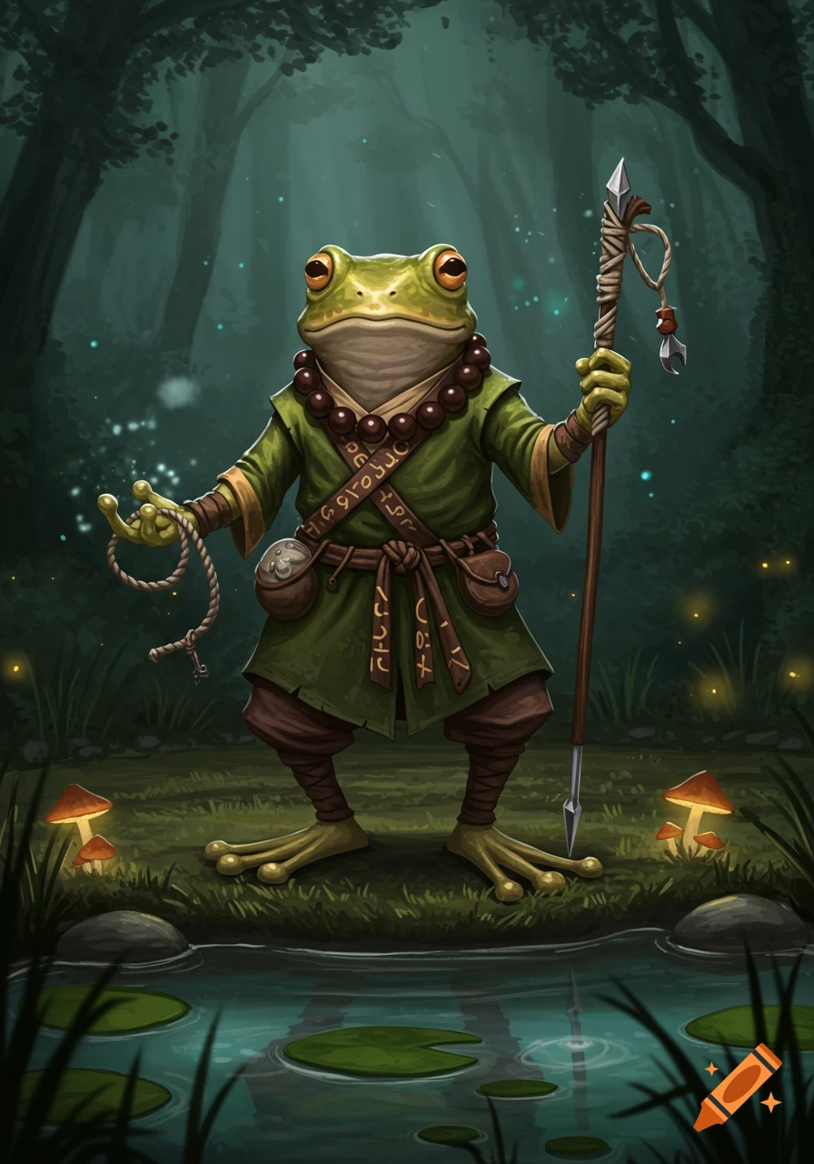 A green frog monk with a staff and rope dart stands beside a pond in a dark, enchanting forest, D&D art style.
