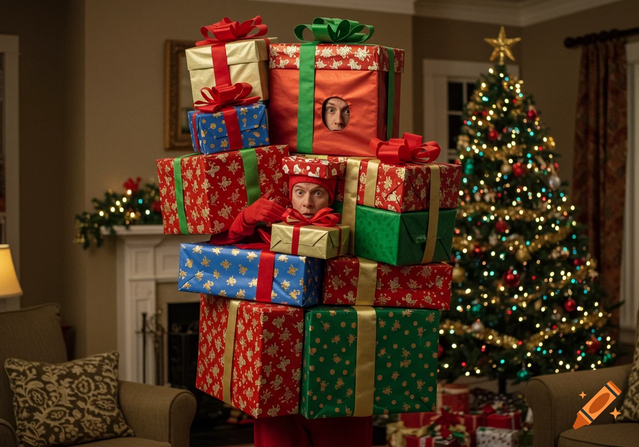 A person hidden inside a towering stack of red, green, and blue Christmas presents, peeking out, in a festive living room.
