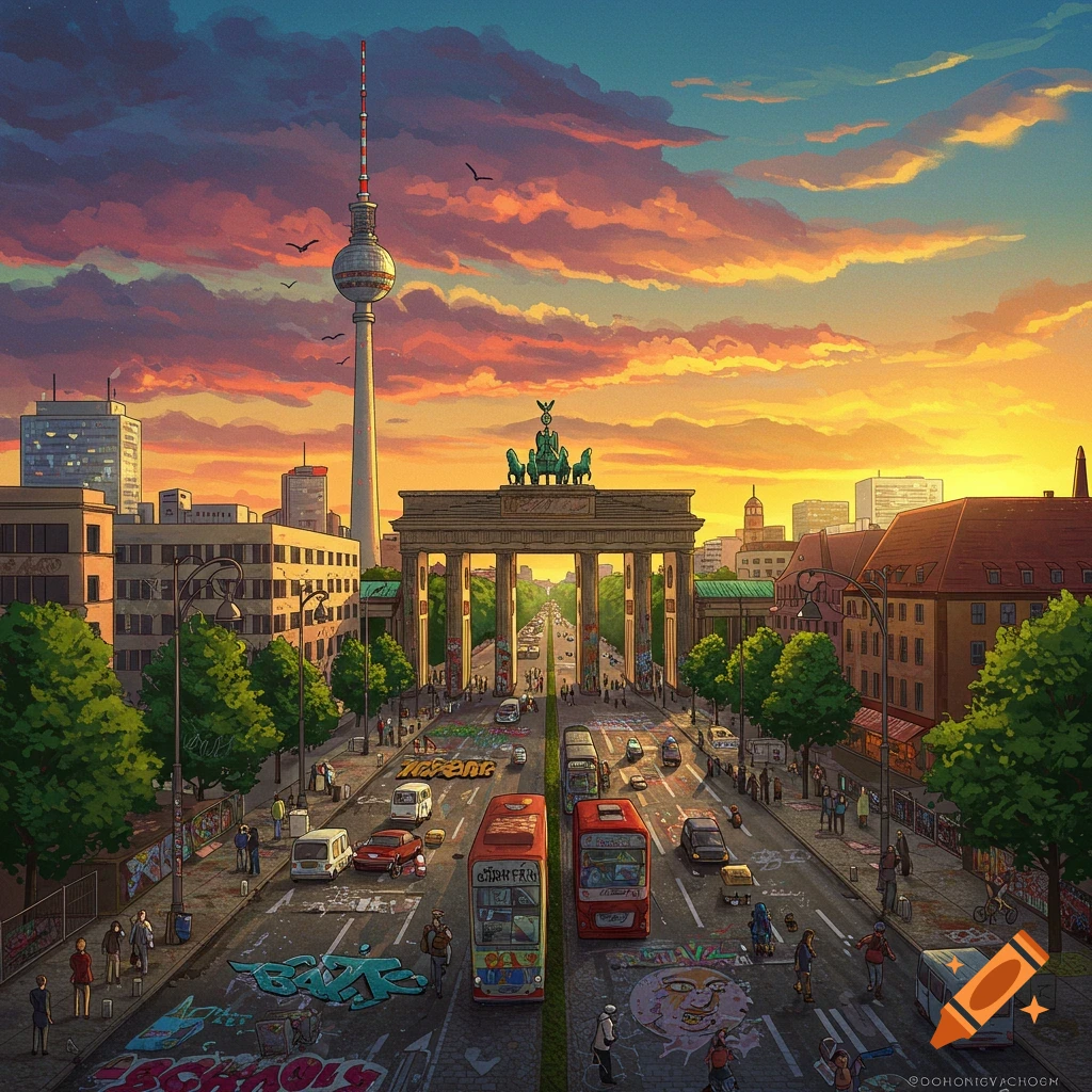 A stylized illustration of Berlin's Brandenburg Gate and TV Tower at sunset, with a busy street scene below.