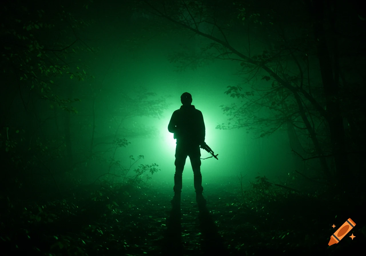 Silhouette of a man holding an AK47 rifle standing in a dark, foggy, green-lit forest in a grainy night vision style.