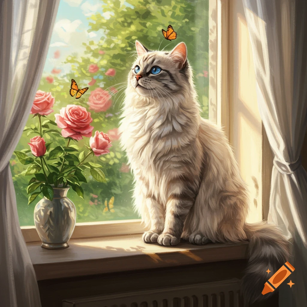 A fluffy white and grey cat with blue eyes sits on a windowsill, looking up at butterflies with pink roses and a garden in the background.