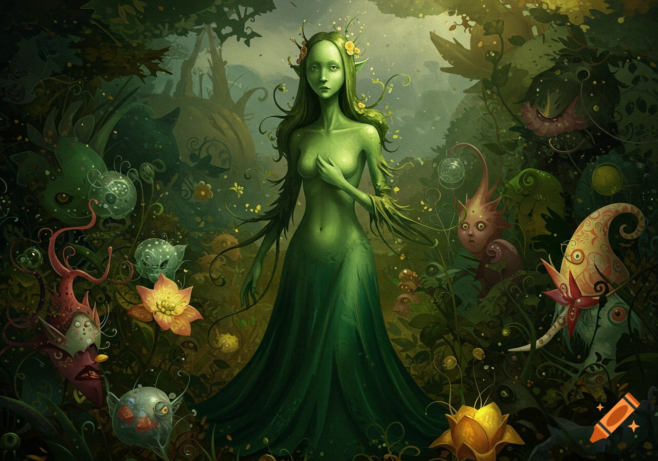 A green-skinned woman with flowers in her hair stands in a surreal, dark green forest filled with whimsical, strange creatures in a fantastical art style.