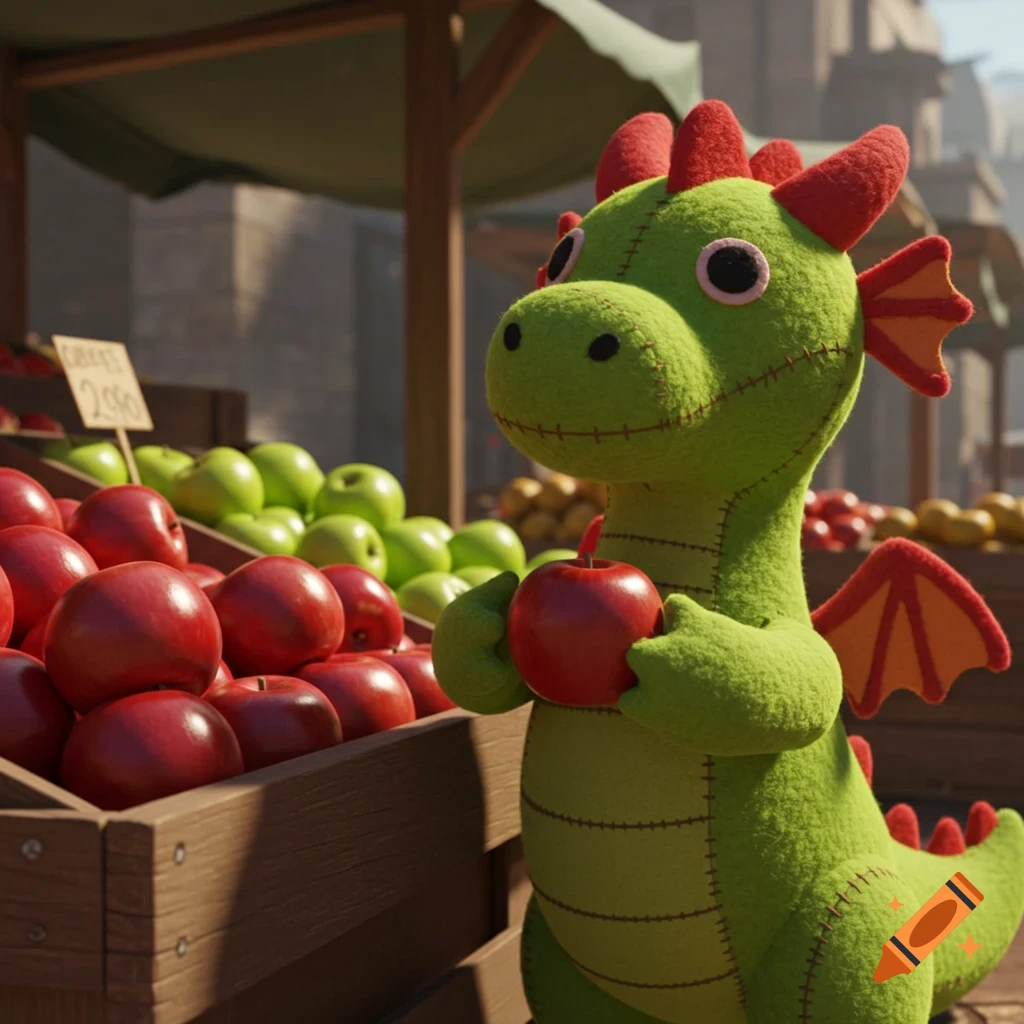 A green plushie dragon holding a red apple stands at a market stall with crates of apples in a cartoon style.