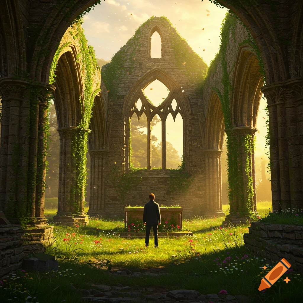 A man stands facing away, admiring ancient stone ruins covered in ivy, bathed in warm golden sunlight with green grass and wildflowers.