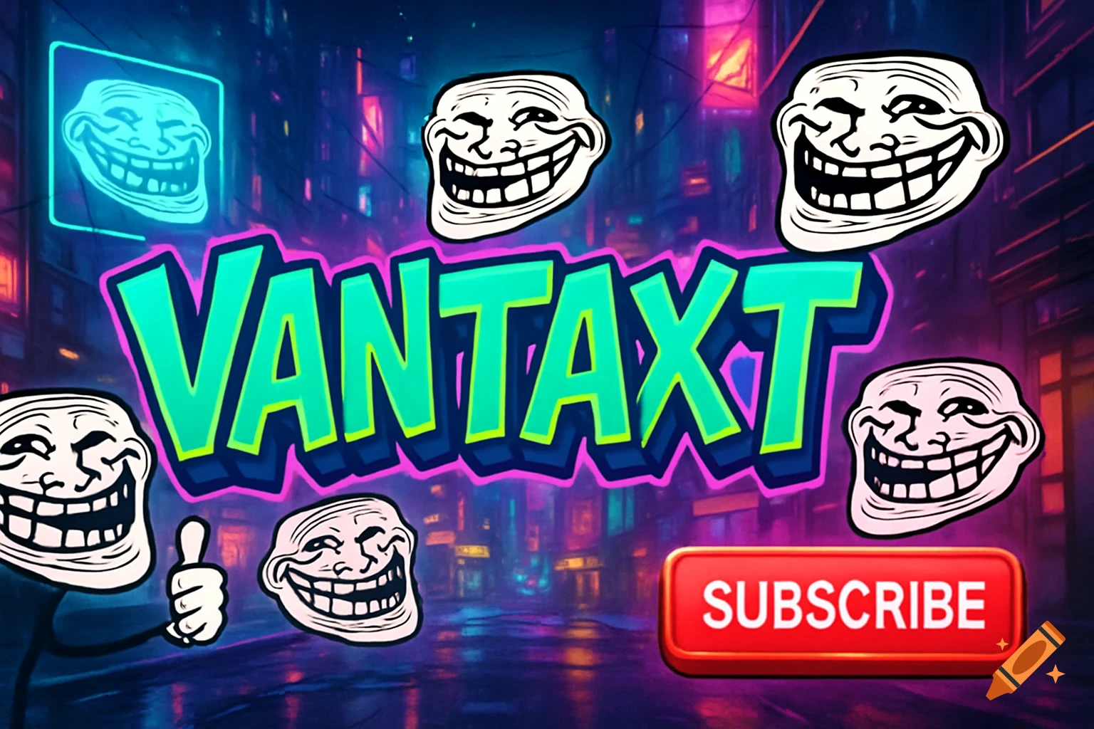 A digital art banner with 'VANTAXT' in large neon letters, surrounded by several troll faces and a red 'SUBSCRIBE' button, set against a blurred neon city background.
