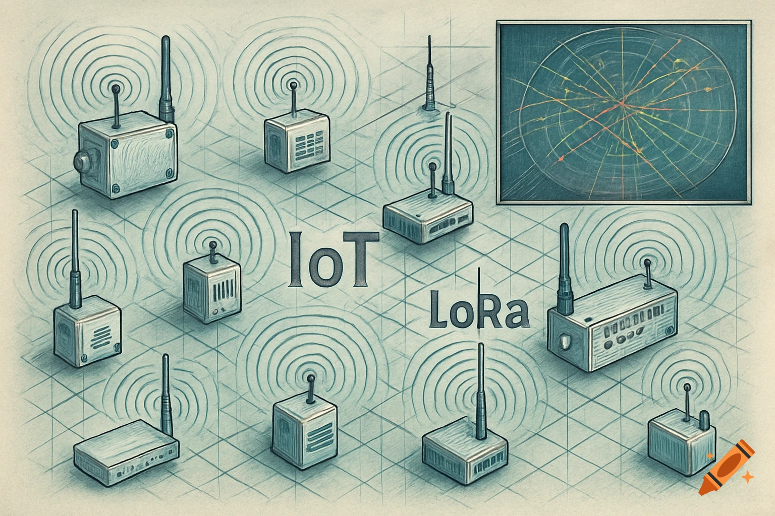 Scientific illustration of multiple IoT nodes wirelessly communicating with LoRa technology, with a radar map in the corner.