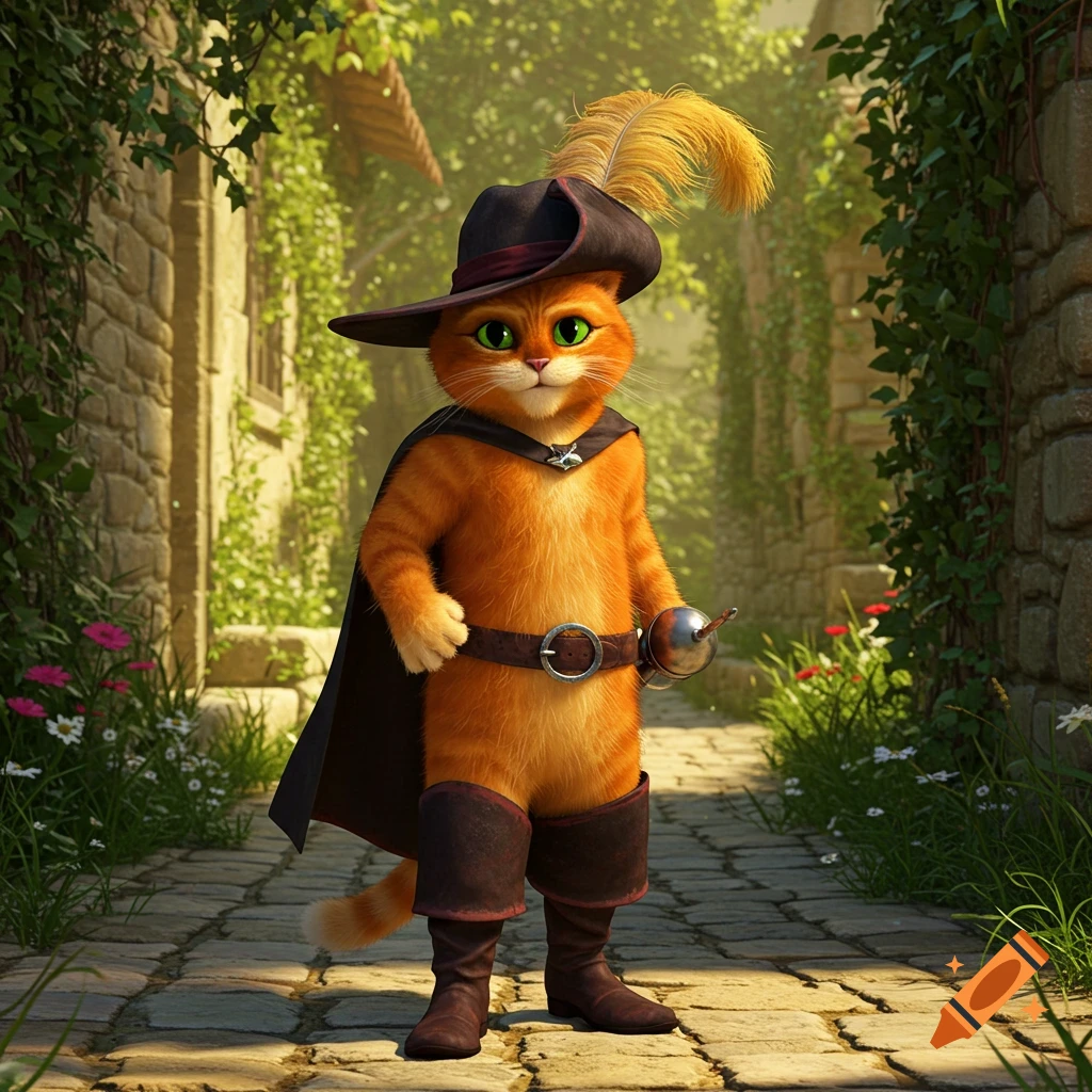An anthropomorphic orange cat, Puss in Boots, stands on a cobblestone path in a vibrant, leafy alley, wearing a feathered hat, cape, and boots, holding a rapier.