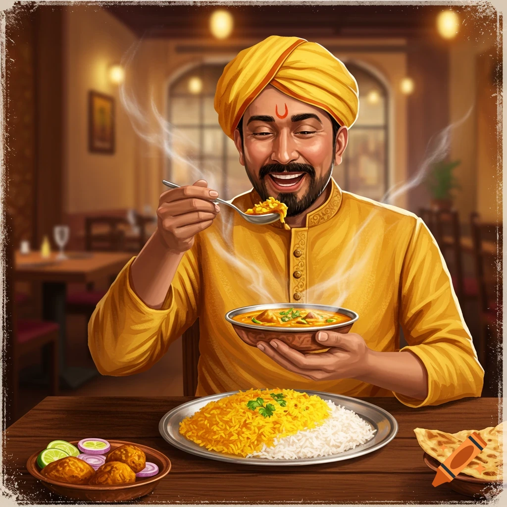 Happy Indian man in yellow turban eating steaming curry, rice, and naan at a restaurant. Digital illustration.