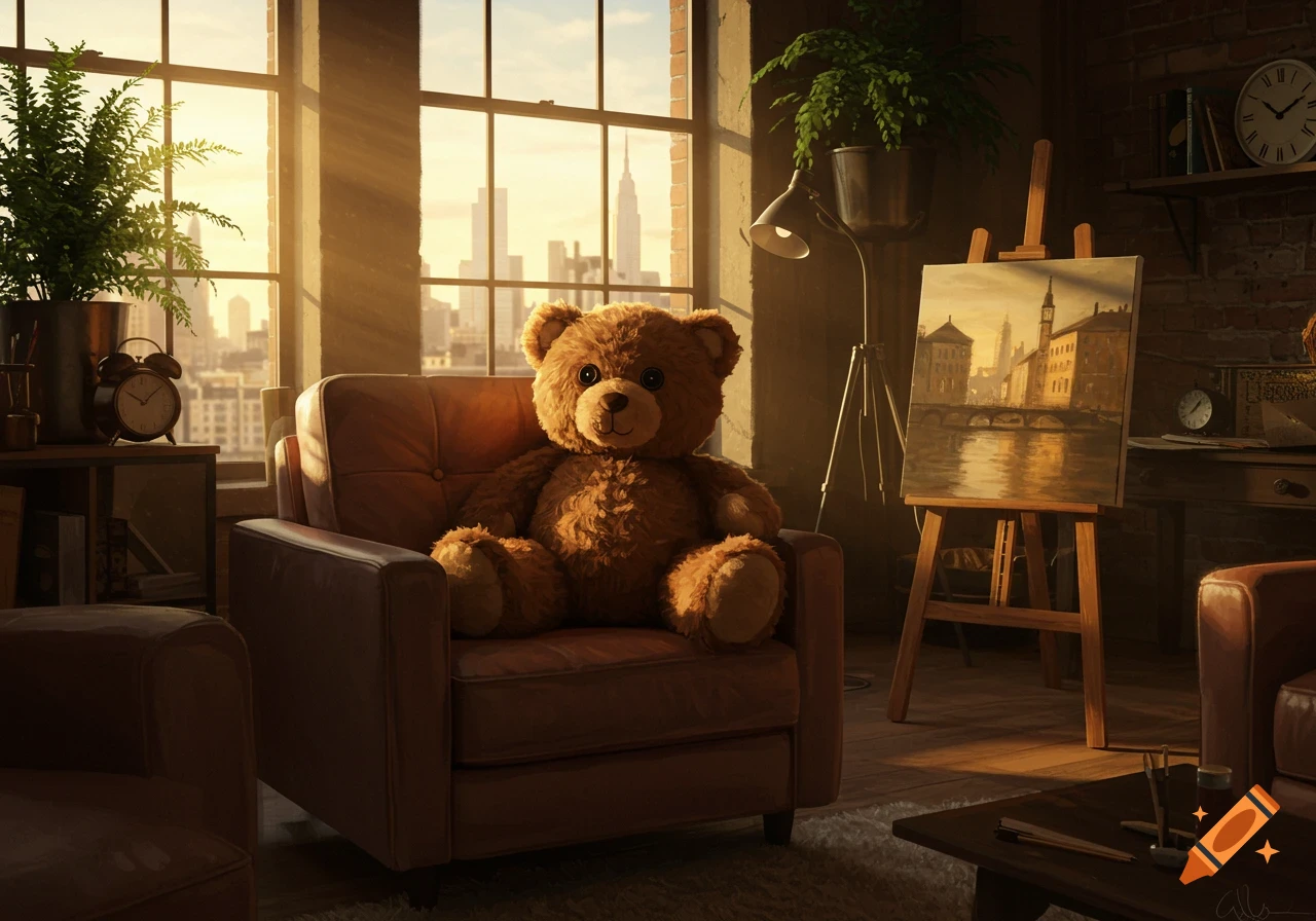 A teddy bear sits on a brown armchair in a sunlit room with a city view, an easel with a painting, and plants.