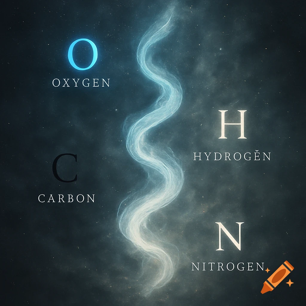 Four chemical elements (Oxygen, Carbon, Hydrogen, Nitrogen) with their symbols against a dark cosmic background with a swirling light plume.