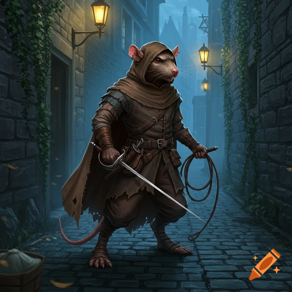 A ratfolk in a shabby hooded cloak stands in a dimly lit cobblestone alley, wielding a rapier and a coiled whip.