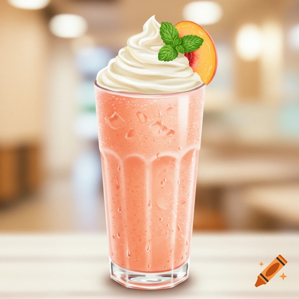 A peach yogurt milkshake in a tall glass, topped with whipped cream, a peach slice, and fresh mint, against a blurred background.
