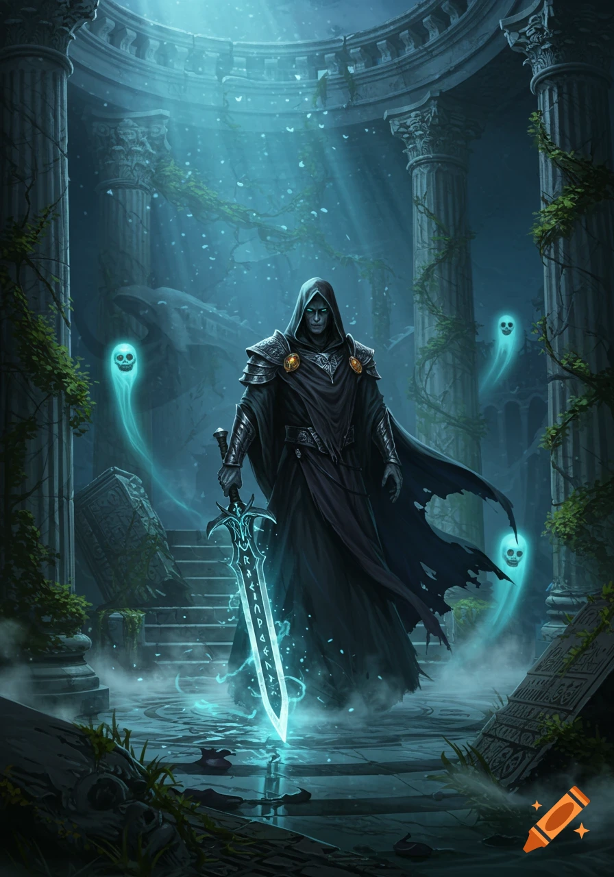 A hooded dark sorcerer with glowing eyes holds a luminous runic sword in ancient, overgrown ruins with floating skull spirits.
