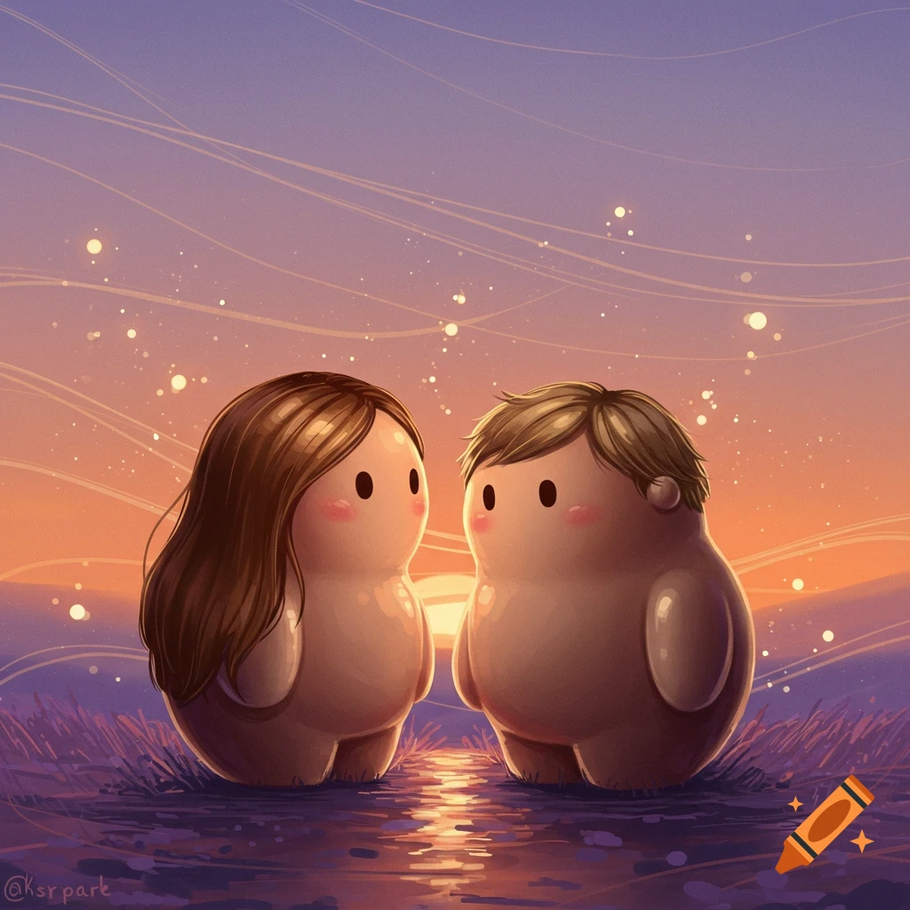 Two cute, blob-like cartoon characters, a male and female, stand facing each other in a grassy field at sunset with reflective water.