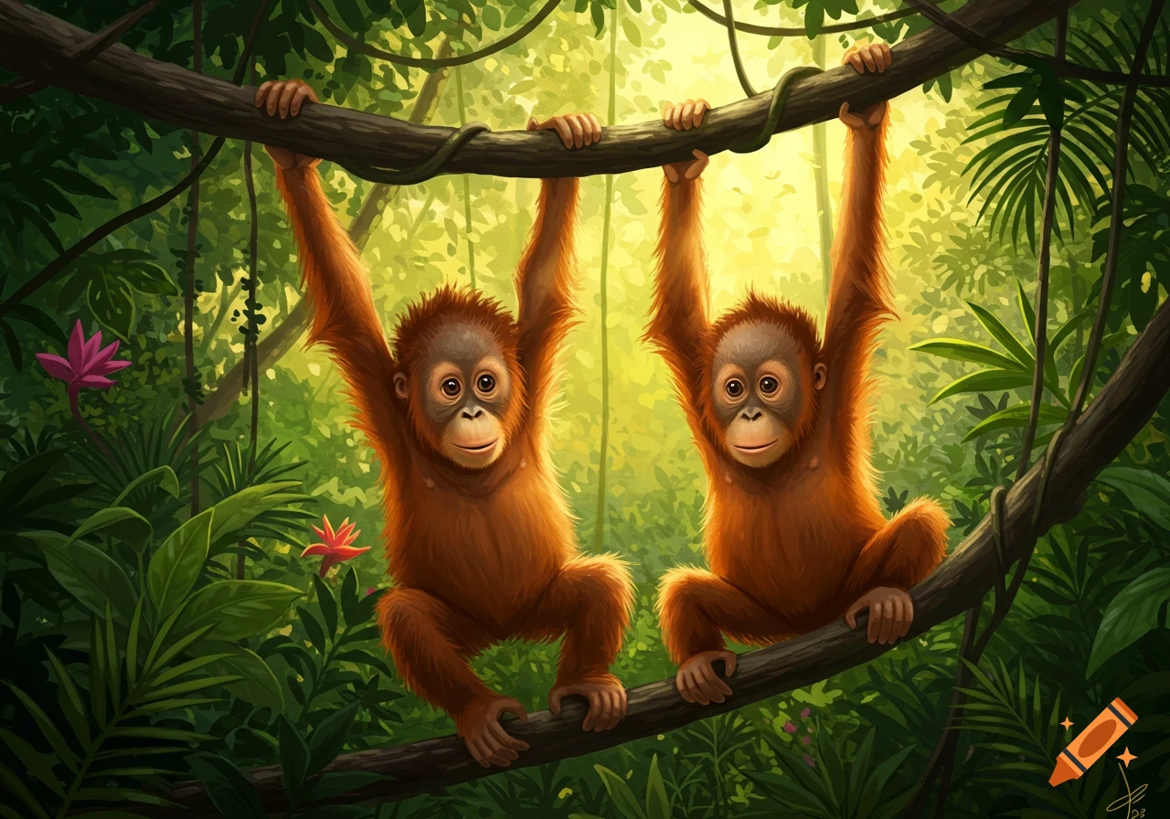 Two vibrant, illustrative baby orangutans hang from a thick tree branch in a lush, sunny jungle.